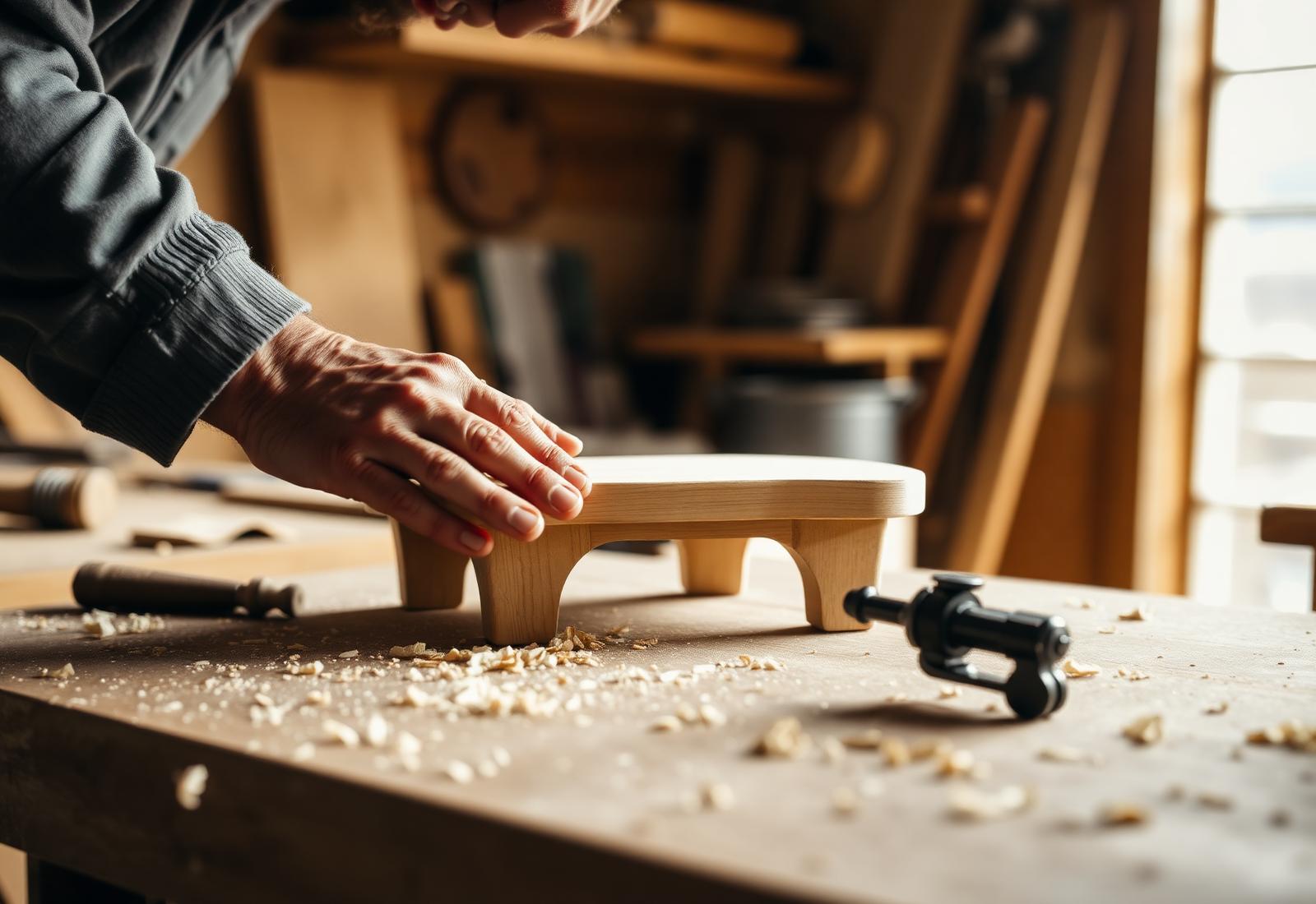 Hand sanding a bespoke children's piece in the workshop